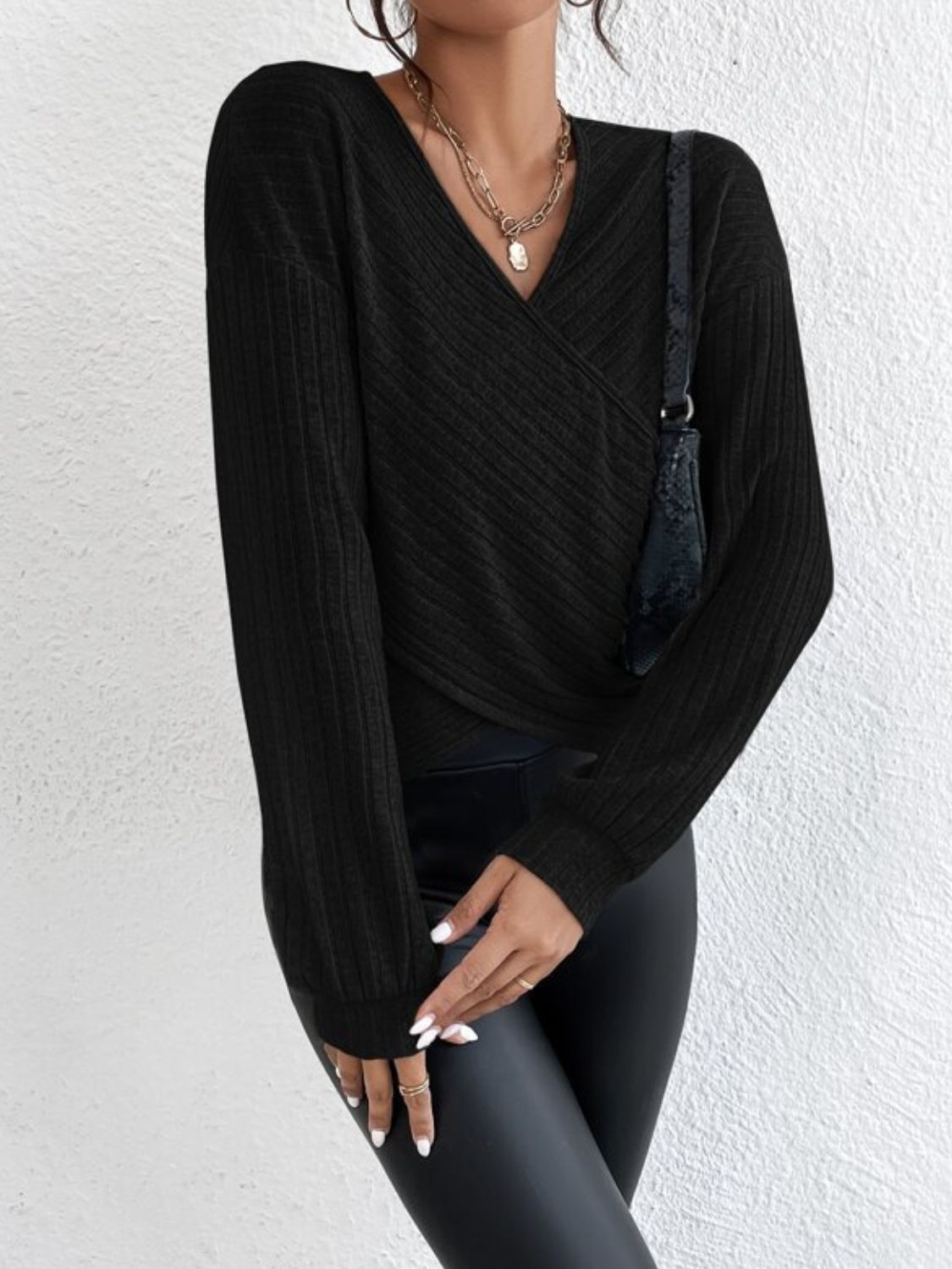 Surplice Dropped Shoulder Long Sleeve T-Shirt - Luxe4Everyday Dust Storm / S Shirt