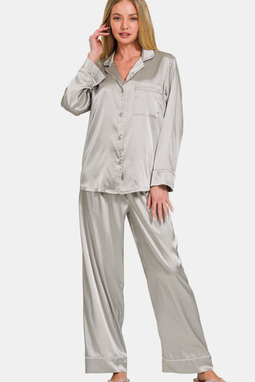 Zenana Satin Long Sleeve Shirt and Pants Pajama Set - Luxe4Everyday Silver / S Lounge wear