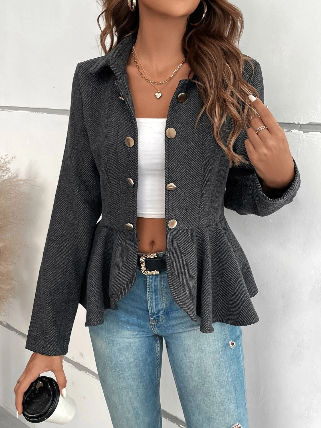 Ruffle Hem Collared Blazer - Luxe4Everyday Dark Gray / S Blazer