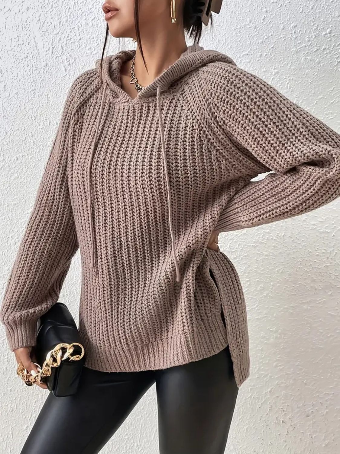 High-Low Side Slit Drawstring Long Sleeve Hooded Sweater - Luxe4Everyday Mocha / One Size Sweater