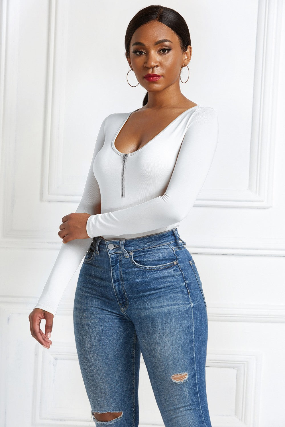 Half Zip Scoop Neck Long Sleeve Bodysuit - Luxe4Everyday Bodysuit