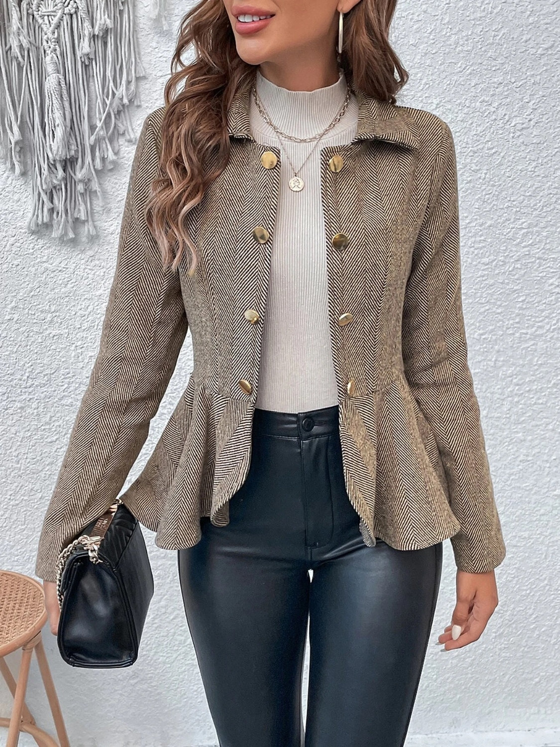 Ruffle Hem Collared Blazer - Luxe4Everyday Khaki / S Blazer