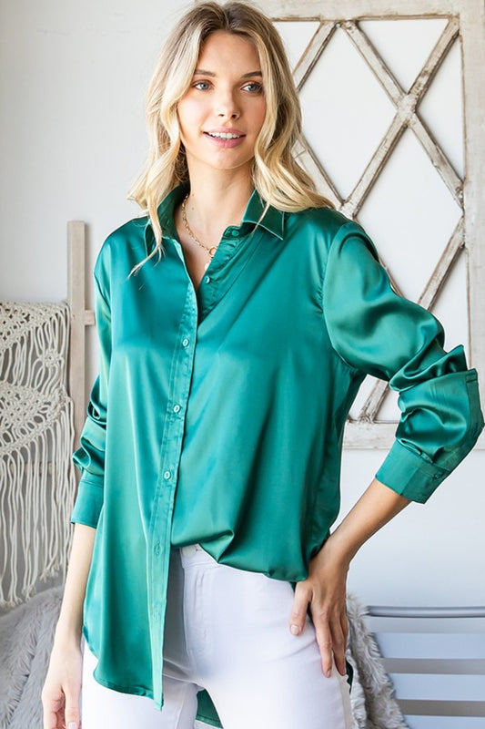 First Love Satin Long Sleeve Button Down Shirt - Luxe4Everyday Hunter Green / S Shirt