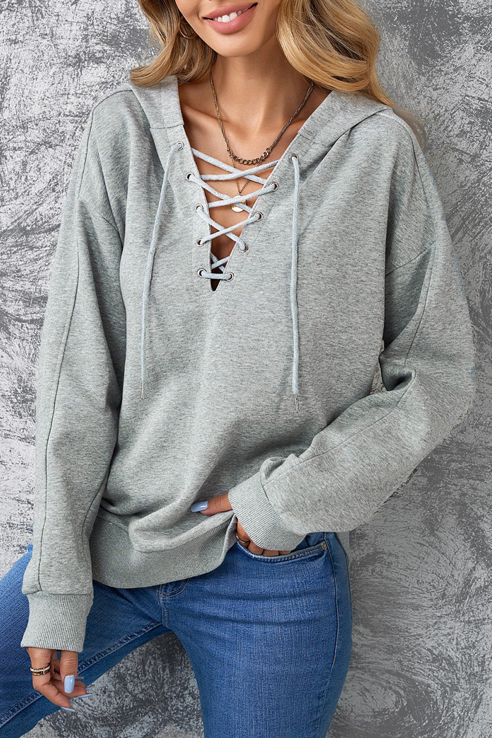 Lace-Up Dropped Shoulder Hoodie - Luxe4Everyday Light Gray / S Hoodie