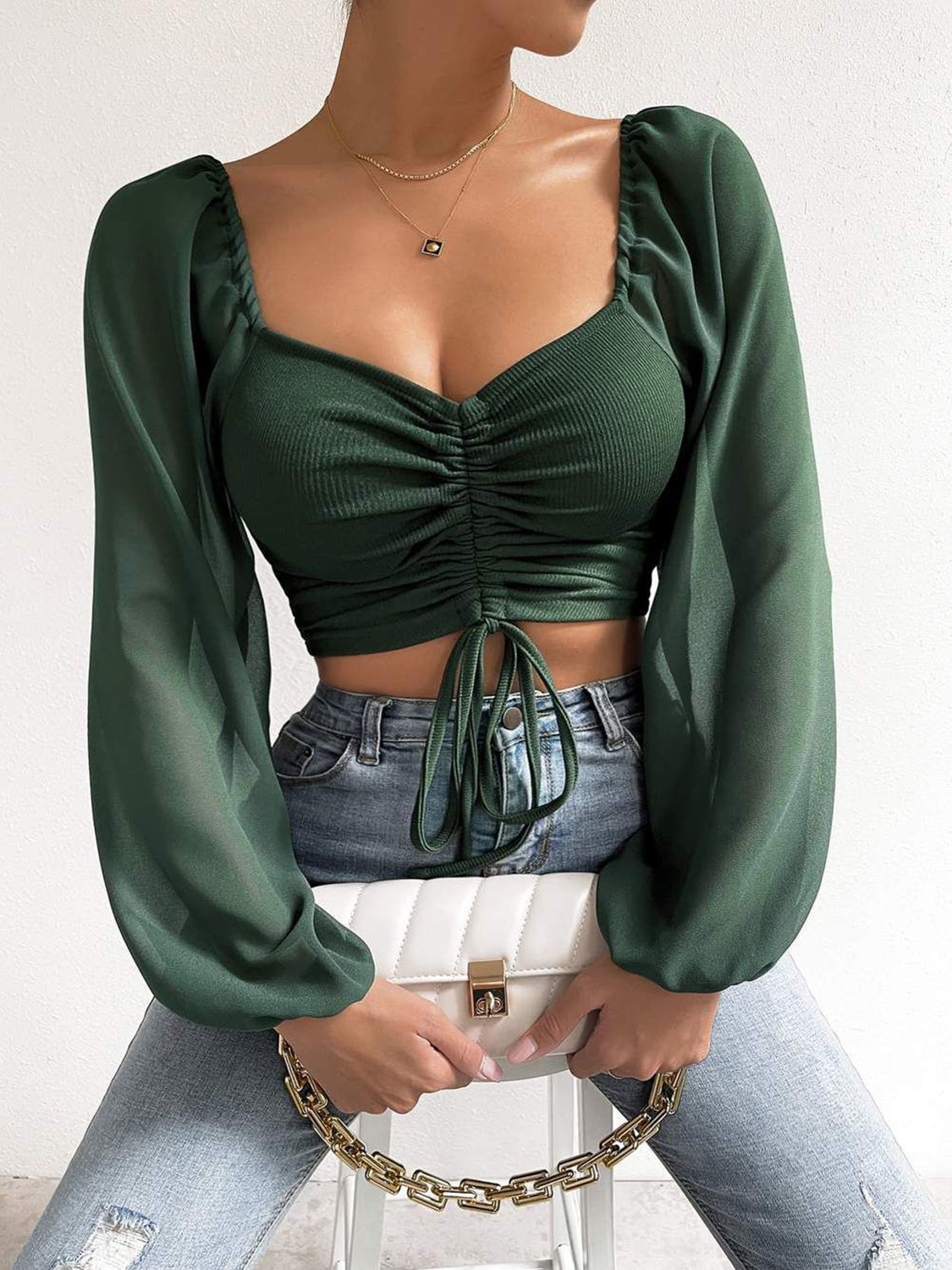 Drawstring Sweetheart Neck Cropped Top - Luxe4Everyday Army Green / S Shirt