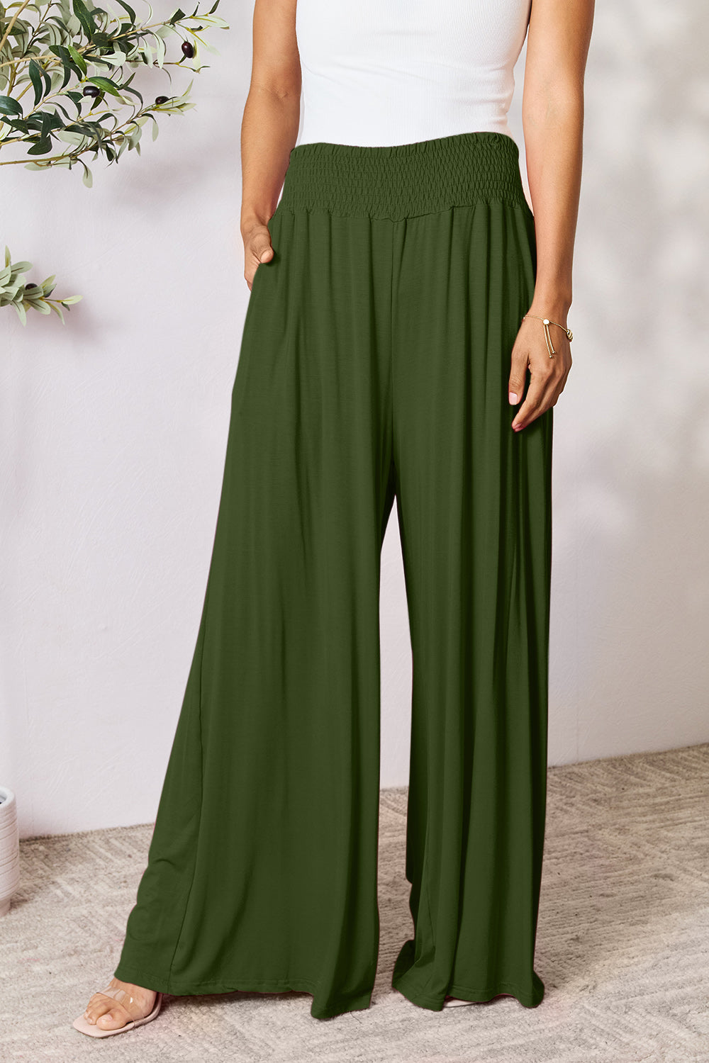 Double Take Full Size Smocked Wide Waistband Wide Leg Pants - Luxe4Everyday Army Green / S Pants