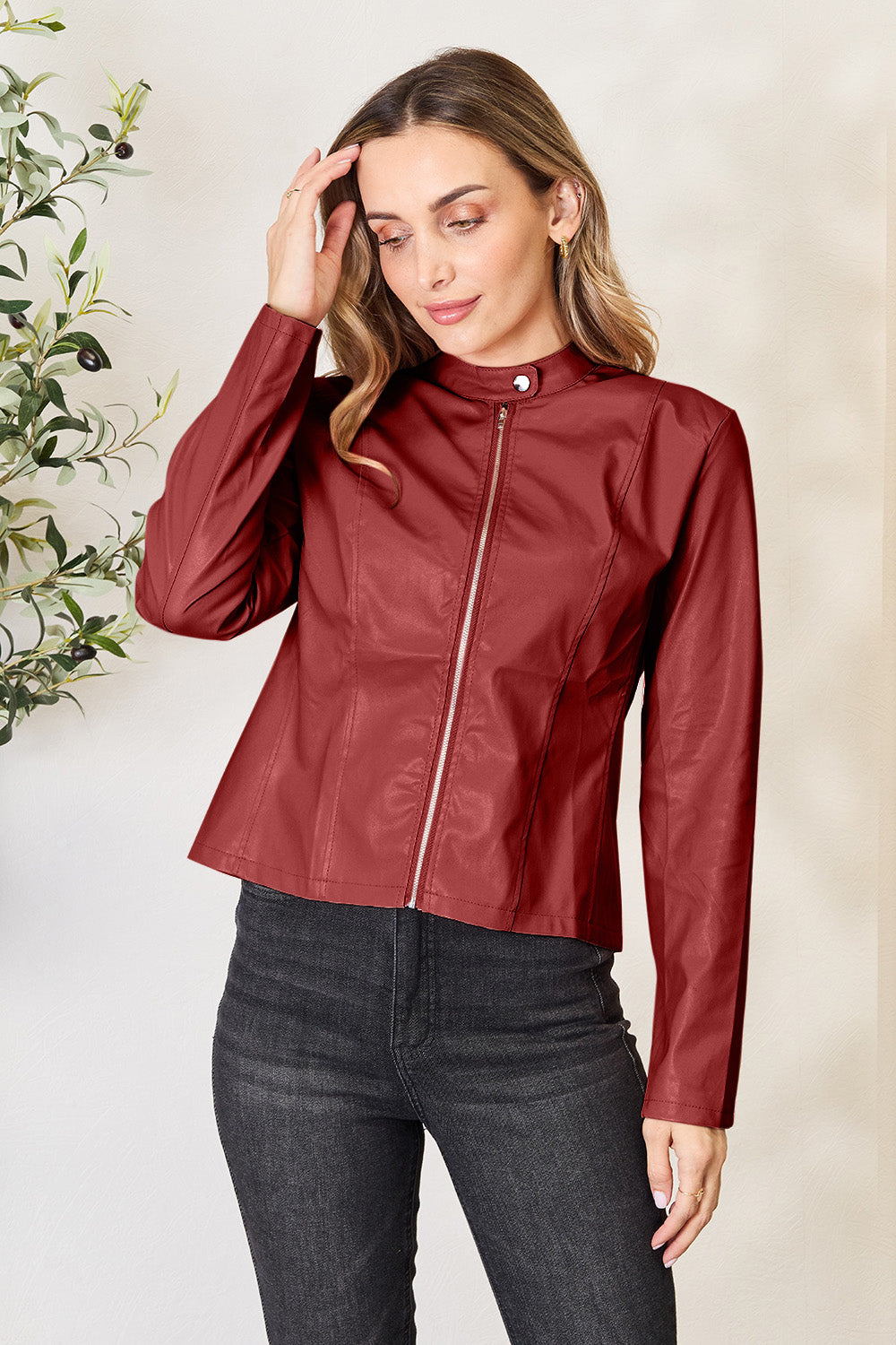 Mock Neck Zip Up Jacket - Luxe4Everyday Wine / S Coat