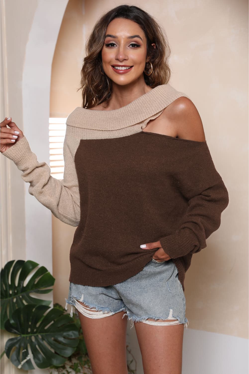 Asymmetrical Long Sleeve Two-Tone Cutout Sweater - Luxe4Everyday Mocha / S Sweater