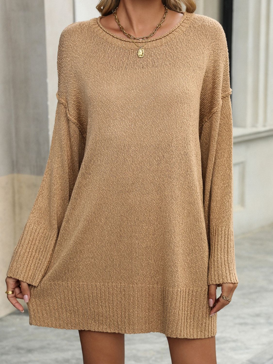 Round Neck Dropped Shoulder Sweater - Luxe4Everyday Camel / S Sweater