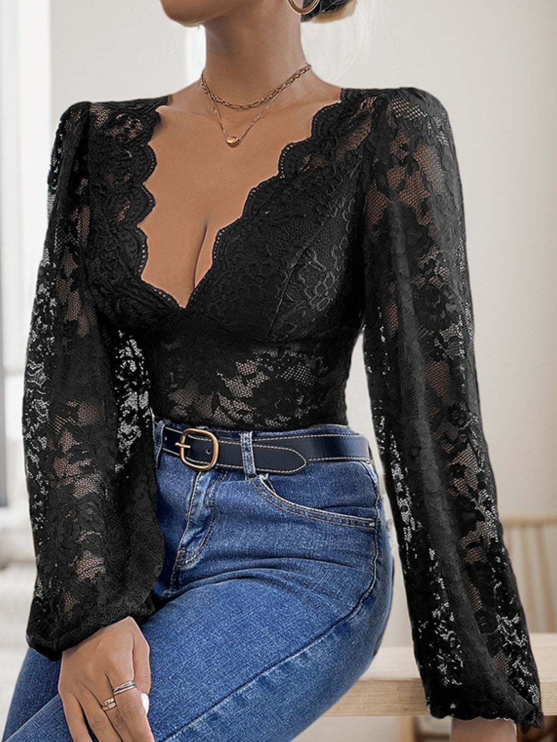 Perfee Lace Plunge Long Sleeve Bodysuit - Luxe4Everyday Black / S Bodysuit