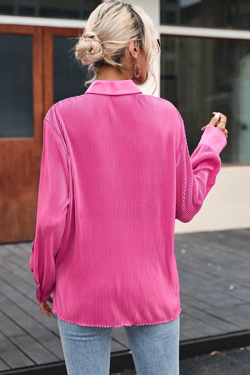 Texture Collared Neck Long Sleeve Shirt - Luxe4Everyday Hot Pink / S Shirts