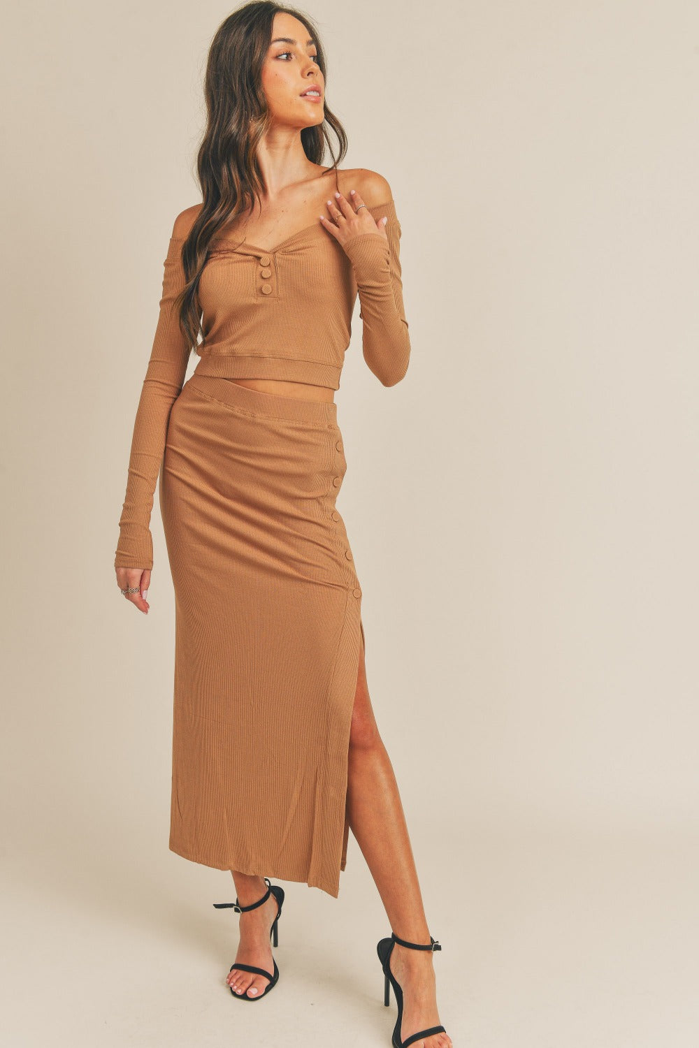 MABLE Button Detail Crop Top and Slit Midi Skirt Set - Luxe4Everyday two-piece sets