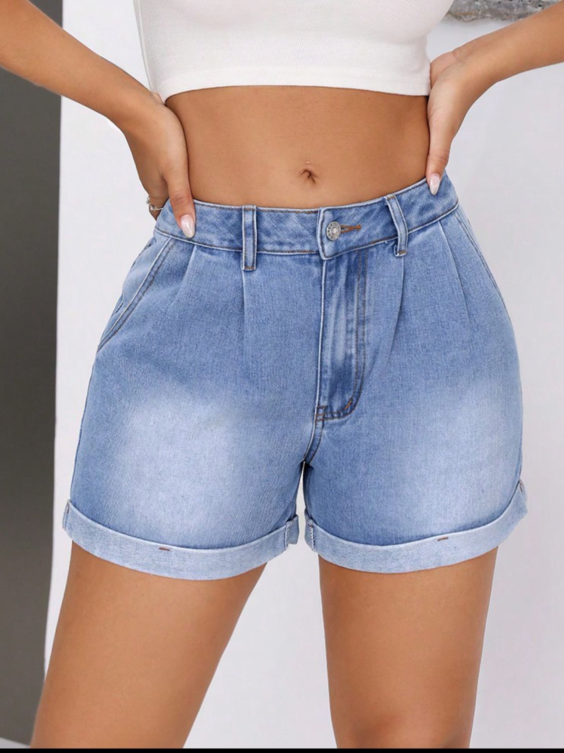 Rolled Hem Mid-Rise Waist Denim Shorts - Luxe4Everyday Shorts