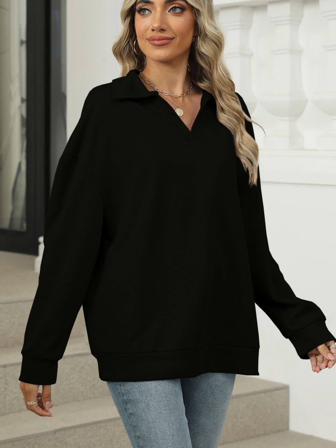 Johnny Collar Long Sleeve Sweatshirt - Luxe4Everyday Sweater