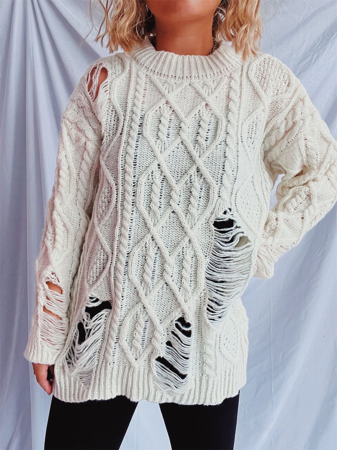 Distressed Cable-Knit Round Neck Long Sleeve Sweater - Luxe4Everyday Sweater