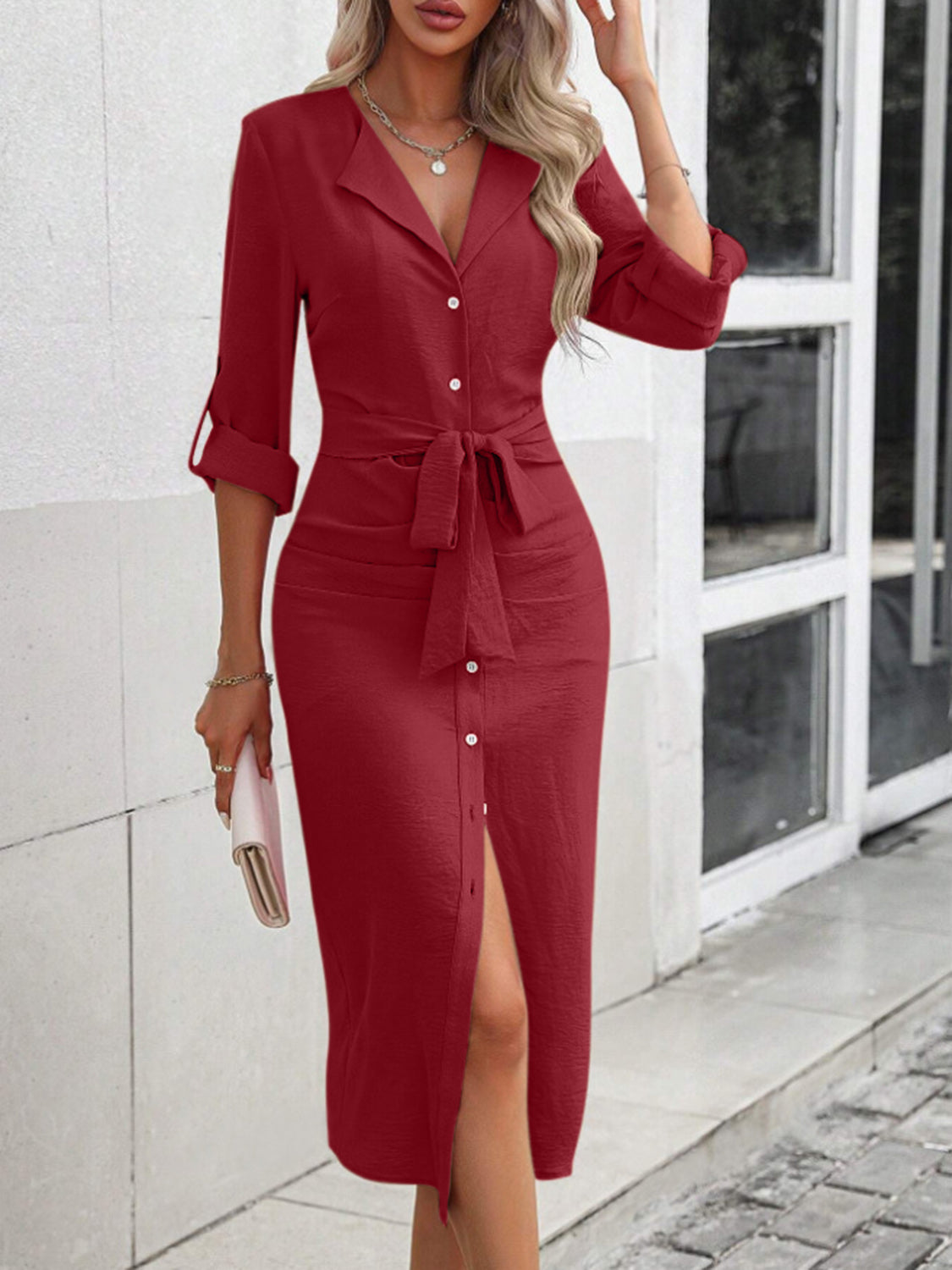 Tied Button Up Collared Neck Roll-Tab Sleeve Dress - Luxe4Everyday Burgundy / S Dress