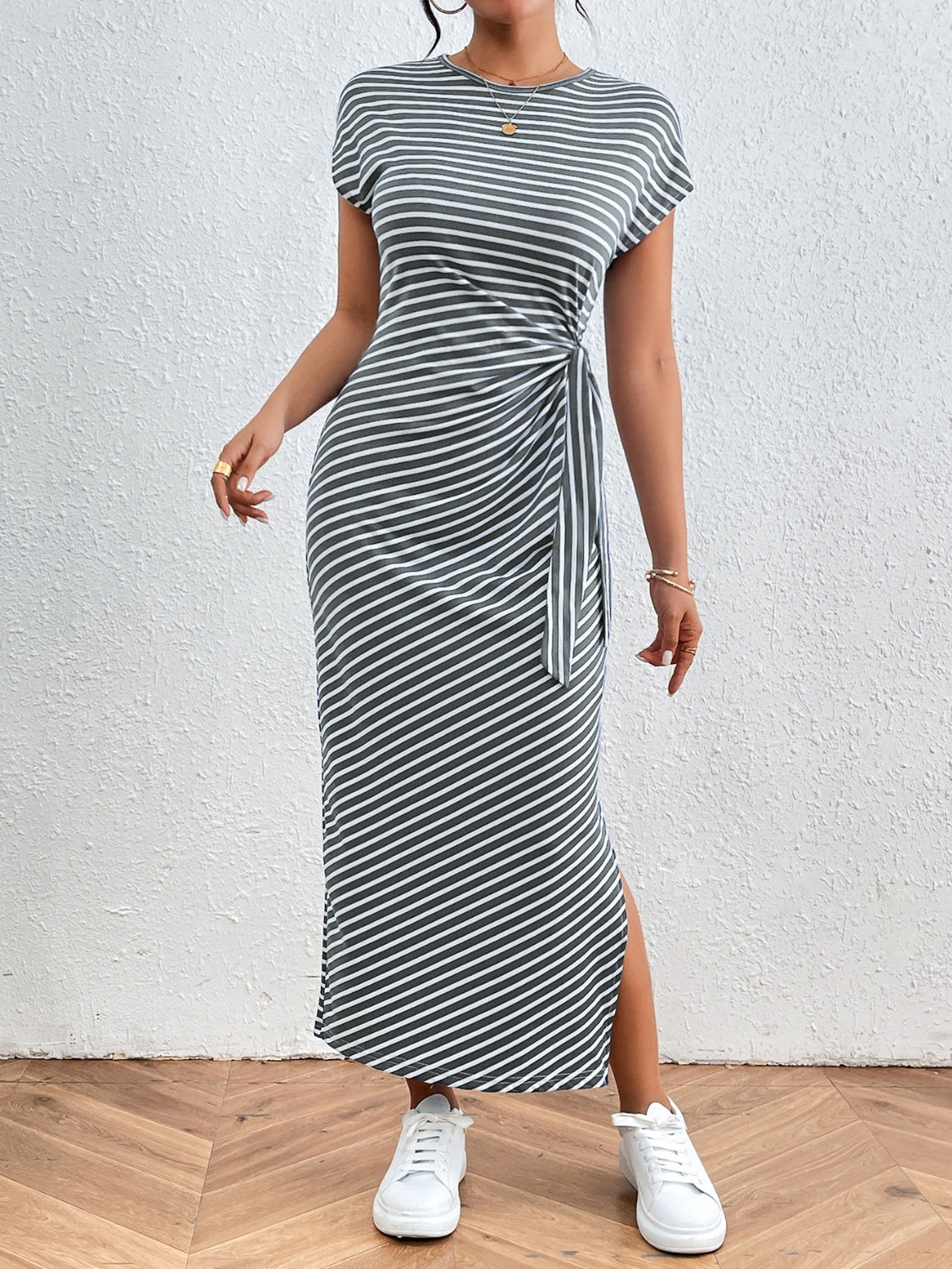 Honey Tied Striped Round Neck Short Sleeve Tee Dress - Luxe4Everyday Gray / S Dress