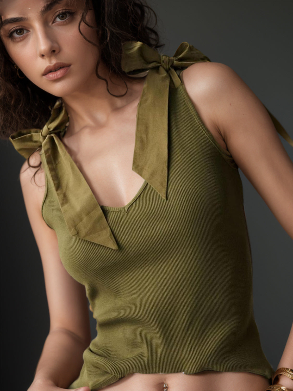 V-Neck Tie Shoulder Tank - Luxe4Everyday Army Green / S Shirt