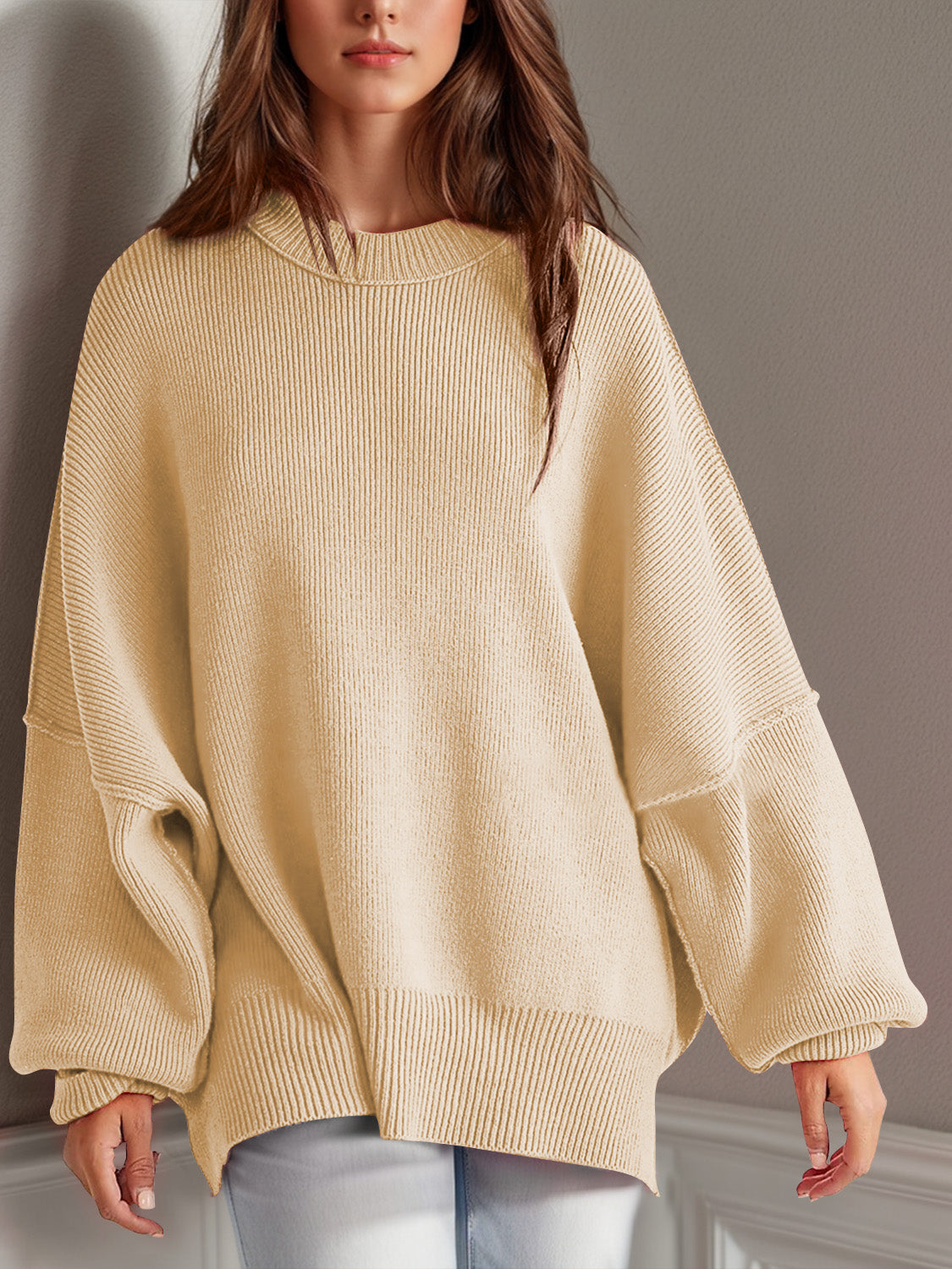 Double Take Side Slit Round Neck Long Sleeve Sweater - Luxe4Everyday Pastel Yellow / S Sweater