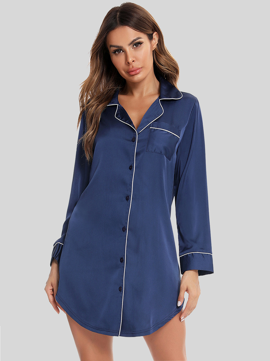 Button Up Lapel Collar Night Dress with Pocket - Luxe4Everyday Peacock Blue / S Lounge wear