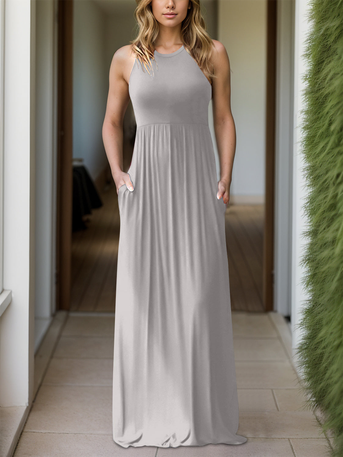 Full Size Grecian Neck Dress with Pockets - Luxe4Everyday Light Gray / S Dress