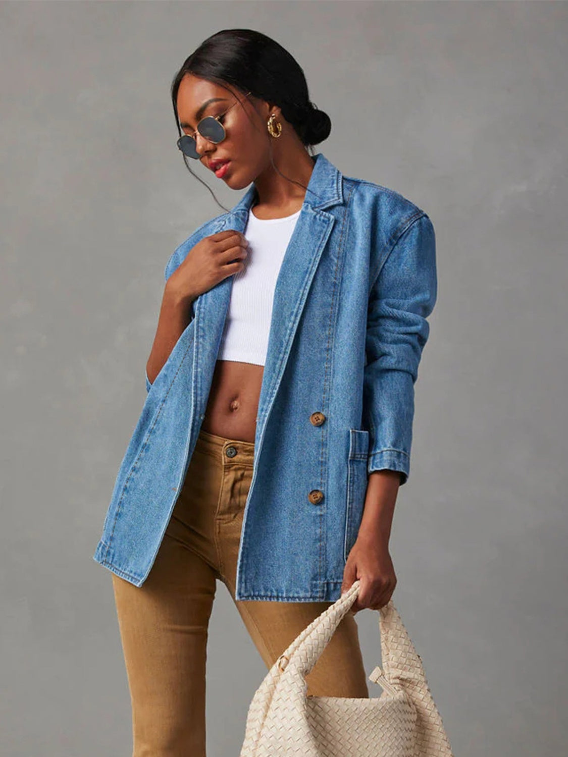 Collared Neck Long Sleeve Denim Jacket - Luxe4Everyday Dusty Blue / S Jacket