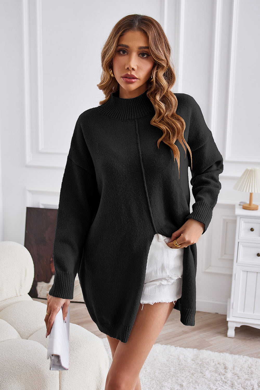 Exposed Seam Mock Neck Slit Sweater - Luxe4Everyday Sweater