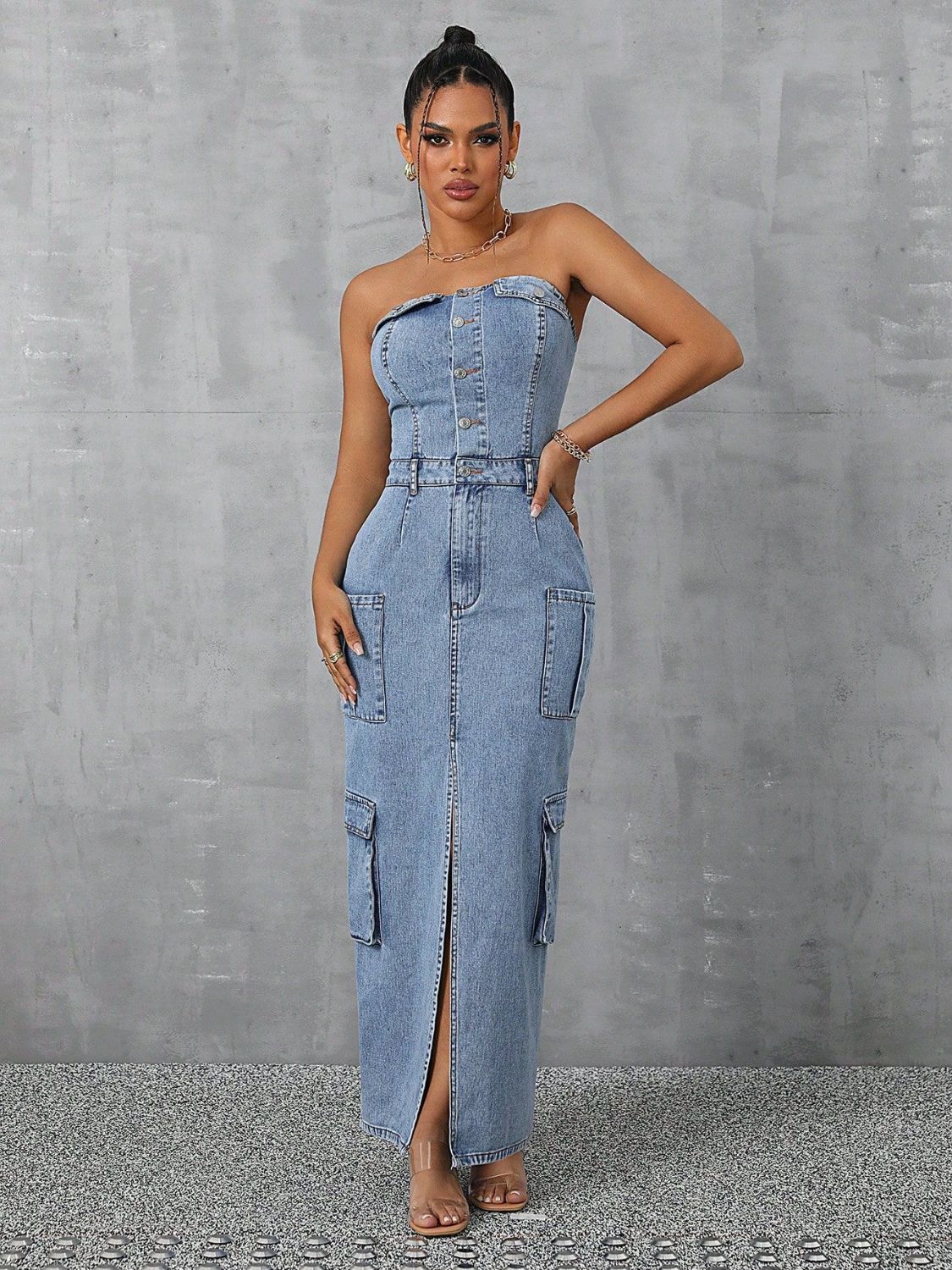 Slit Half Button Tube Denim Dress - Luxe4Everyday Light / S Dress