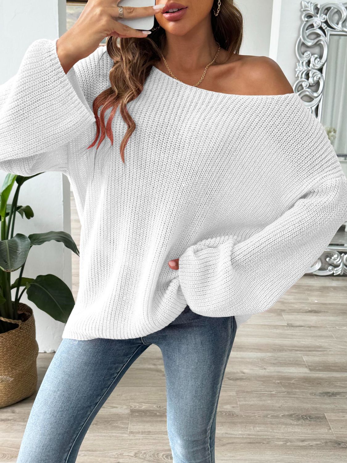 Round Neck Long Sleeve Sweater - Luxe4Everyday White / S Sweater