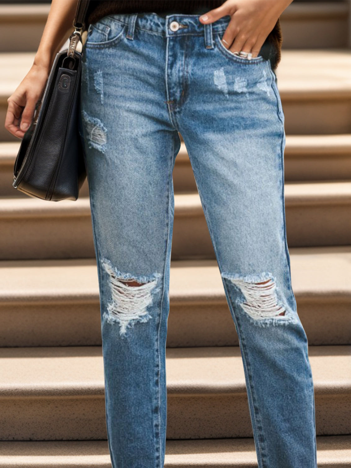 Distressed Raw Hem Jeans with Pockets - Luxe4Everyday Jeans