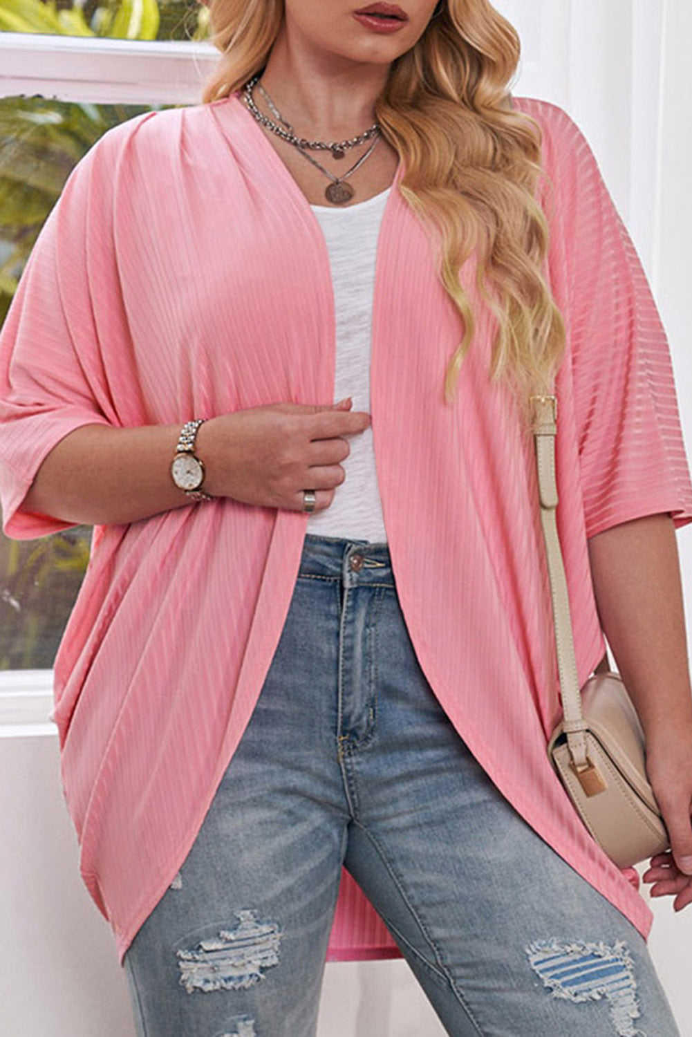 Plus Size Ribbed Cocoon Cover Up - Luxe4Everyday Pink / 1XL Cardigan