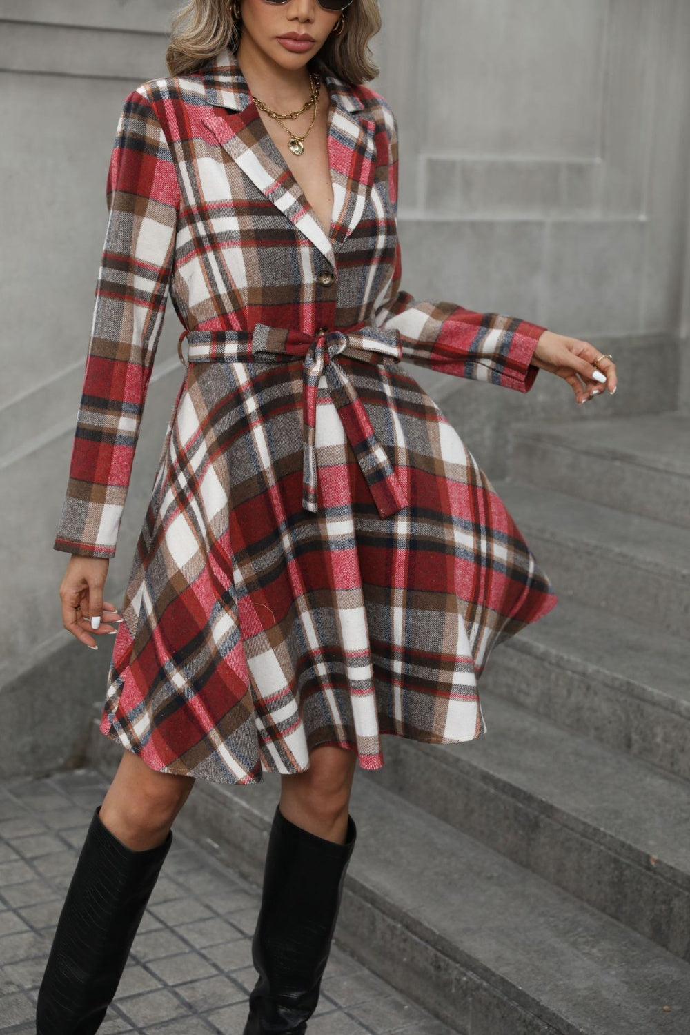 Plaid Tie Waist Long Sleeve Outerwear - Luxe4Everyday Coat