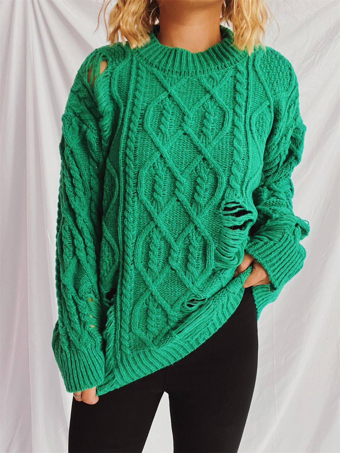 Distressed Cable-Knit Round Neck Long Sleeve Sweater - Luxe4Everyday Sweater