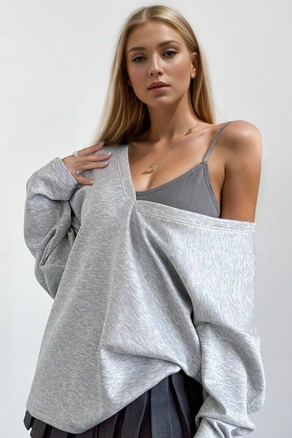 Basic Bae V-Neck Dropped Shoulder Long Sleeve Sweatshirt with Bra - Luxe4Everyday Sweater