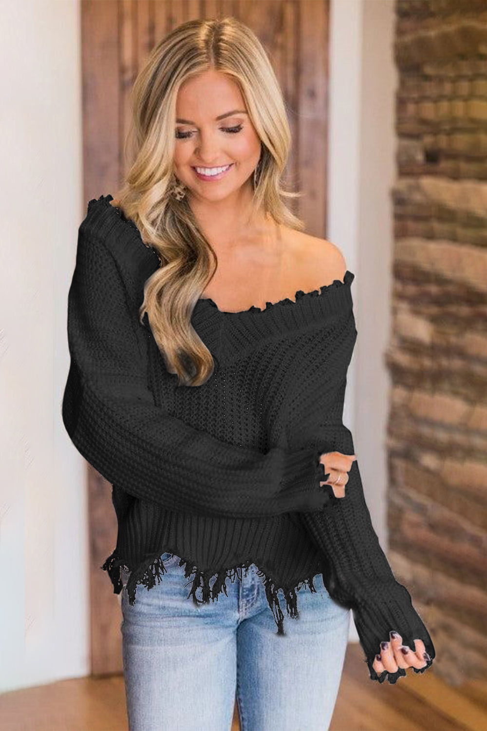 Frayed Hem Dropped Shoulder Sweater - Luxe4Everyday Black / S Sweater