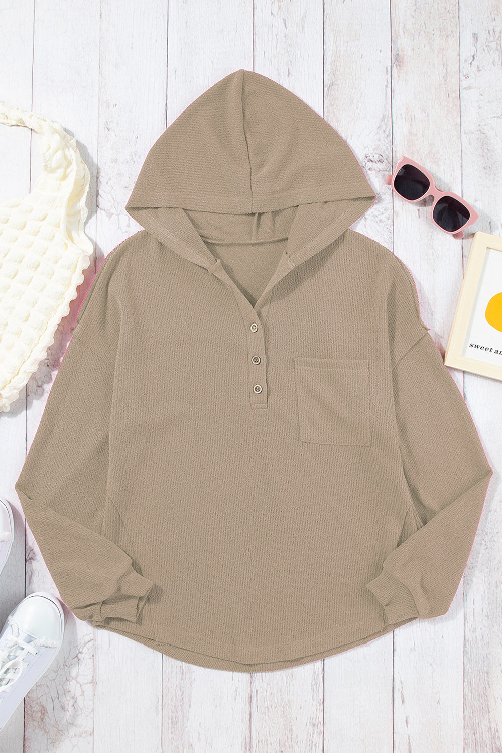 Pocketed Dropped Shoulder Long Sleeve Hoodie - Luxe4Everyday Khaki / S Hoodie