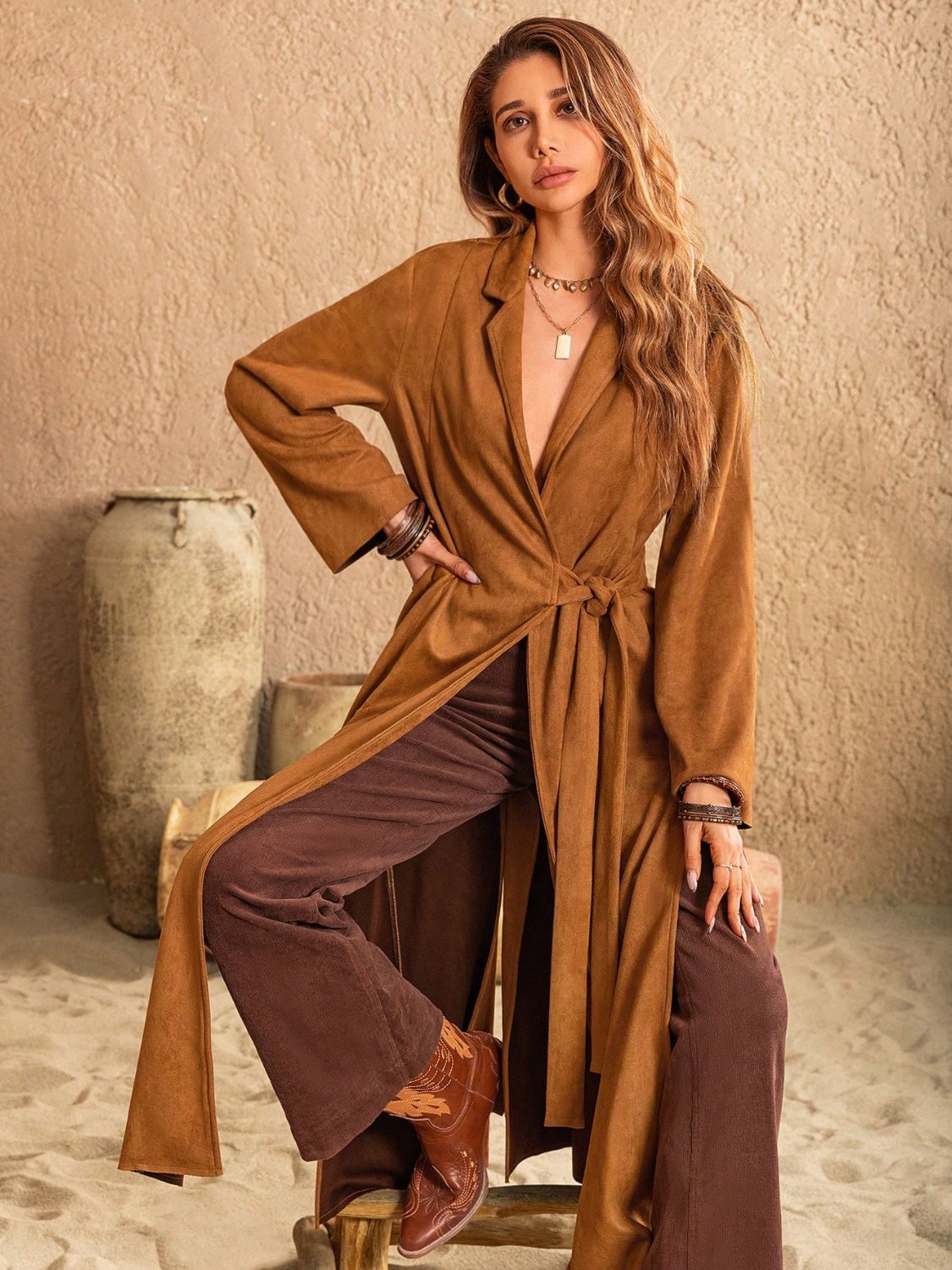 Slit Tied Collared Neck Longline Coat - Luxe4Everyday Caramel / S Coat