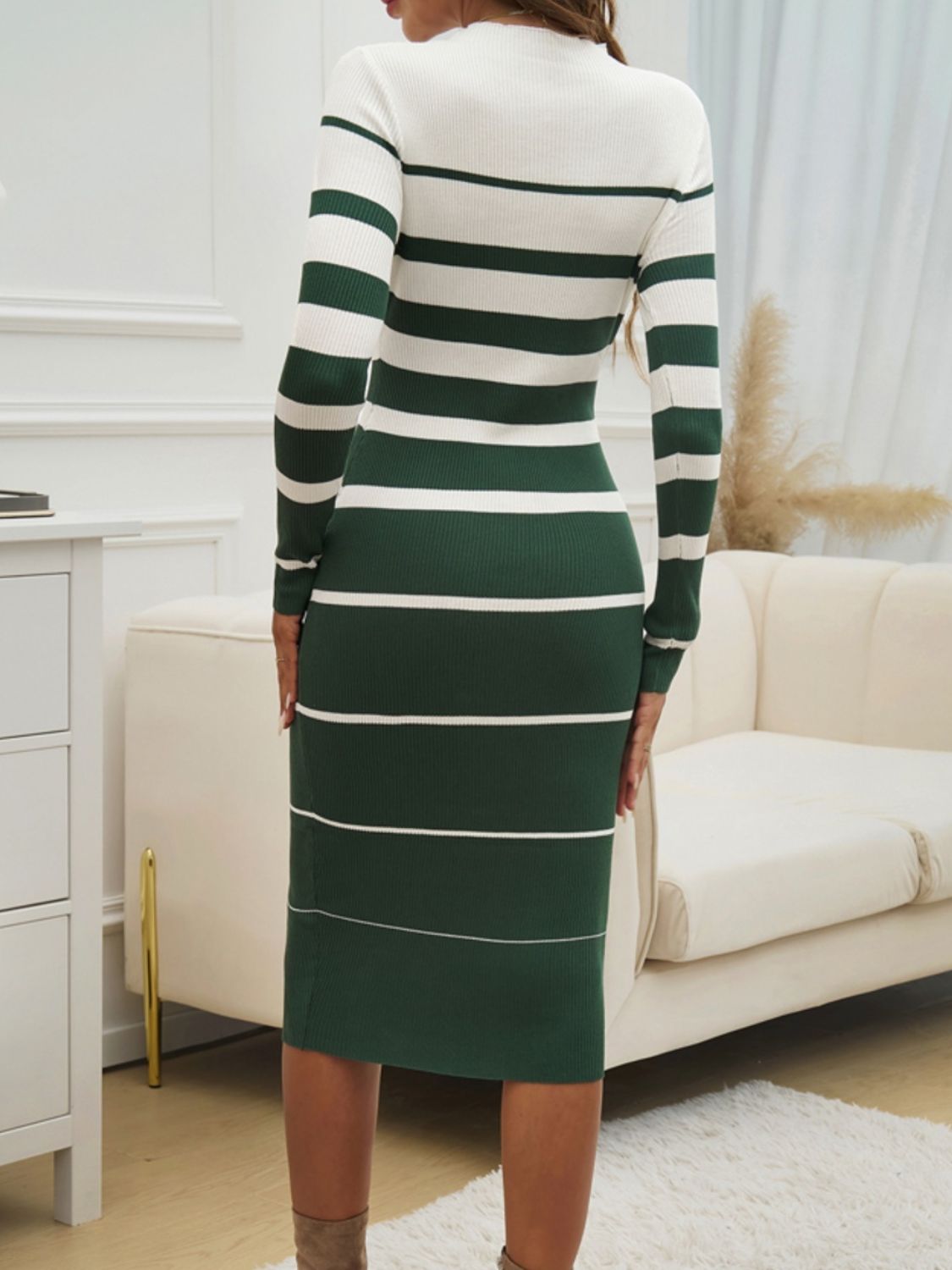 Devine Color Block Round Neck Long Sleeve Midi Dress - Luxe4Everyday Khaki / S Dress