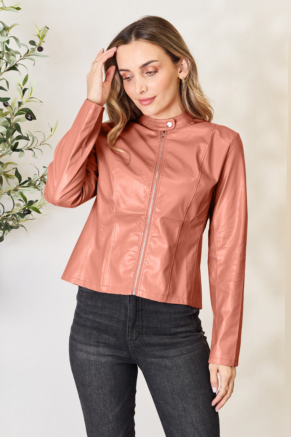 Mock Neck Zip Up Jacket - Luxe4Everyday Burnt Coral / S Coat