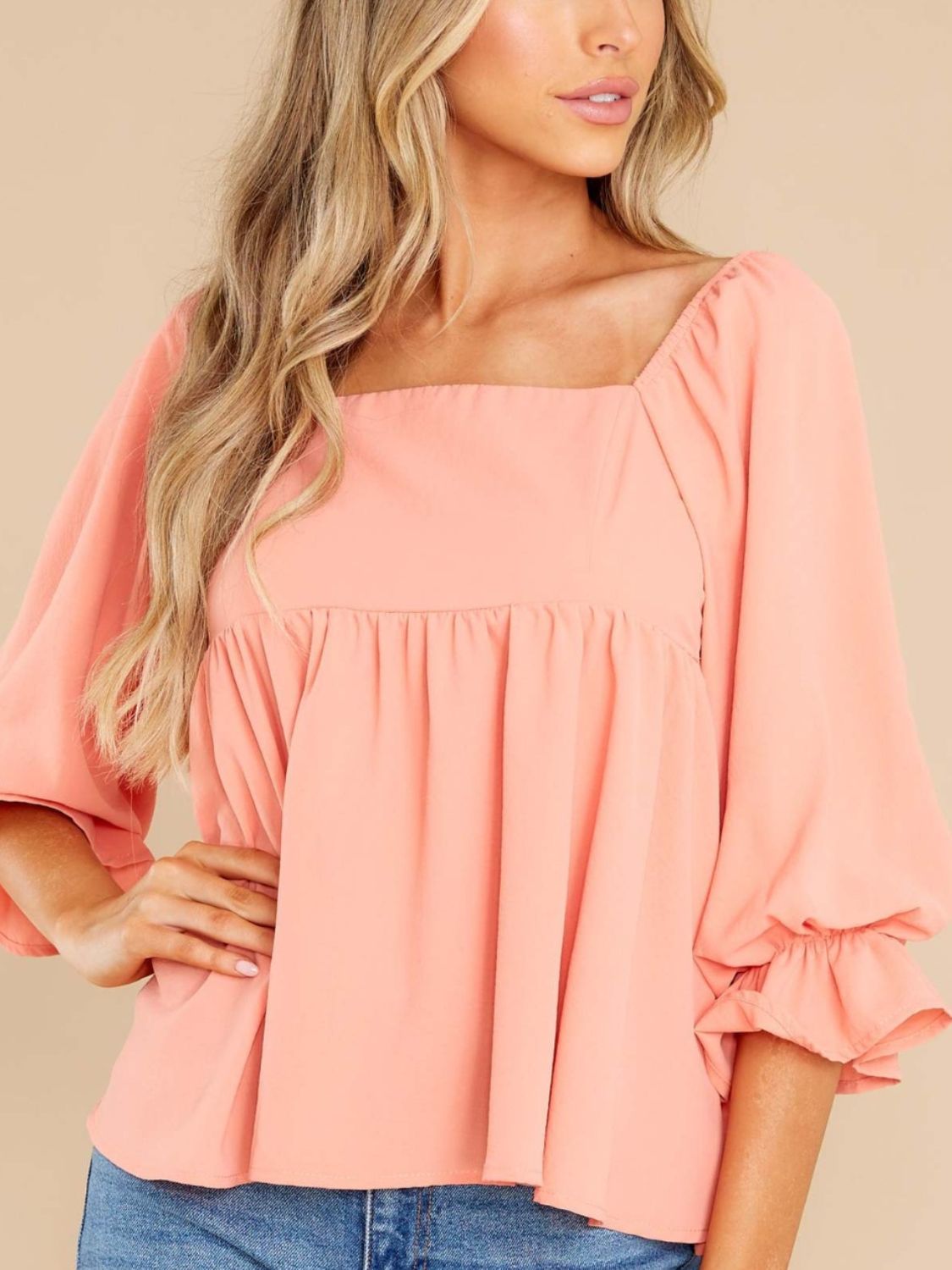 Smocked Square Neck Flounce Sleeve Blouse - Luxe4Everyday Watermelon pink / S Shirt