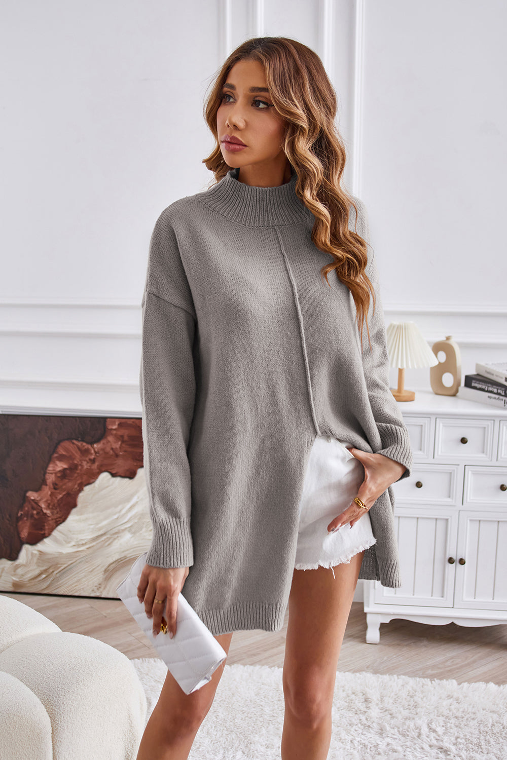 Exposed Seam Mock Neck Slit Sweater - Luxe4Everyday Sweater