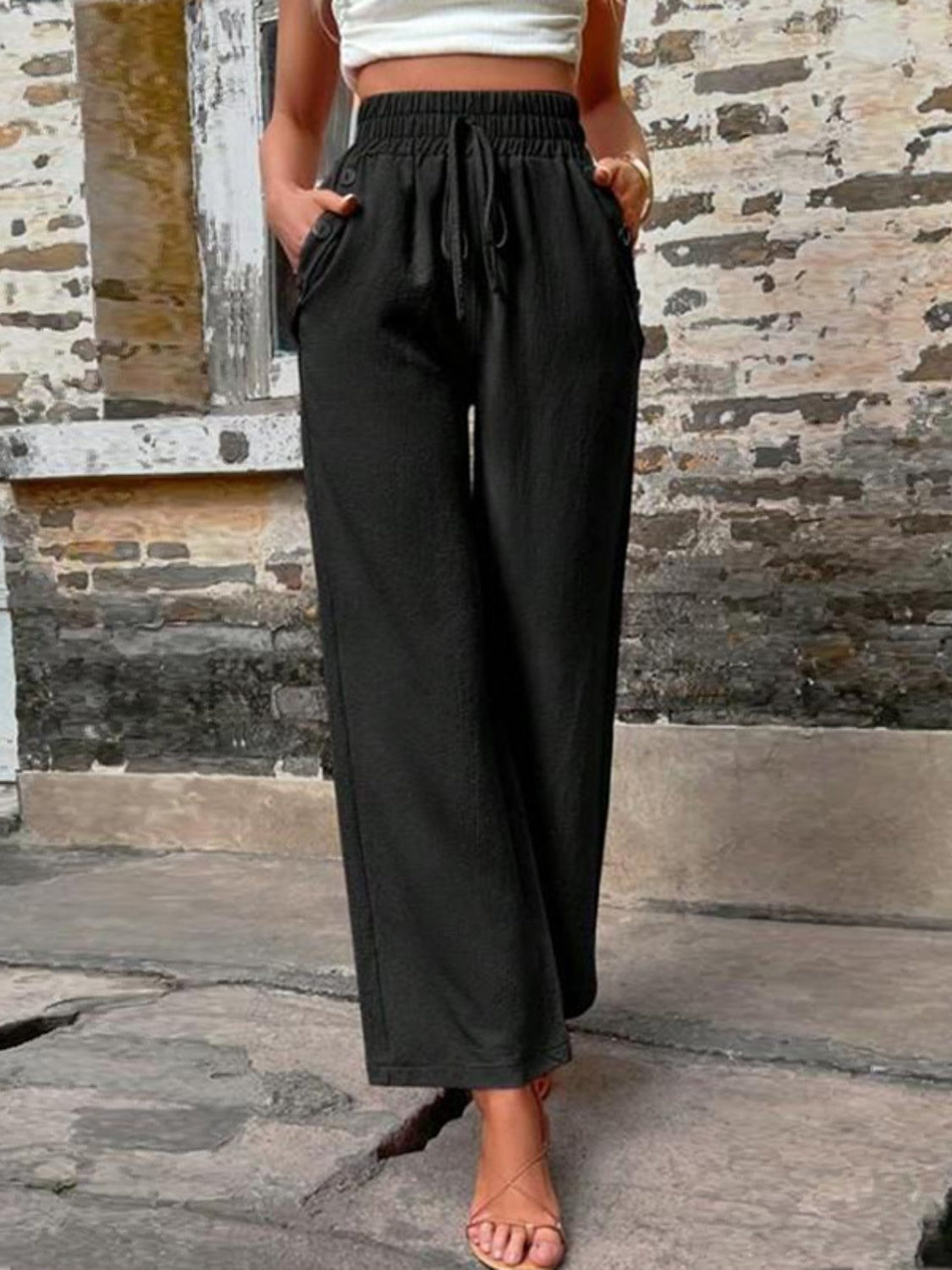 Tied High Waist Wide Leg Pants with Pockets - Luxe4Everyday Black / S Pants