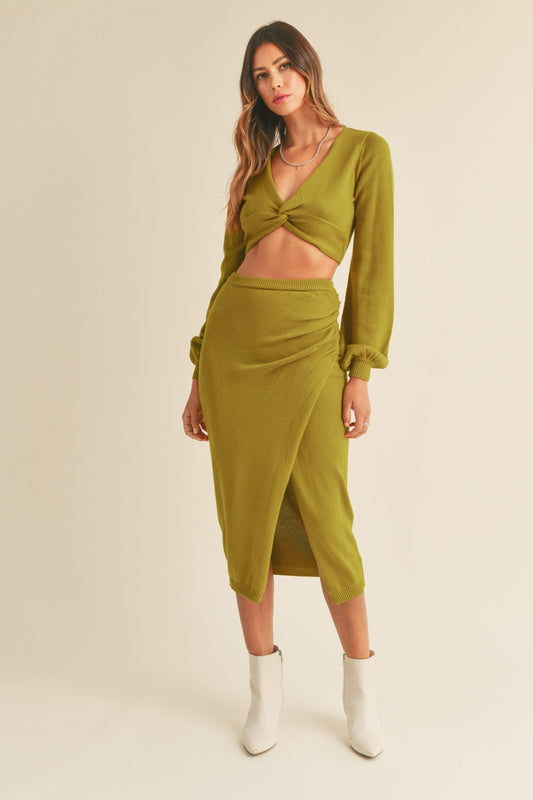 MABLE Front Twisted Knit Top and Midi Skirt Set - Luxe4Everyday Moss Green / S Two-piece sets