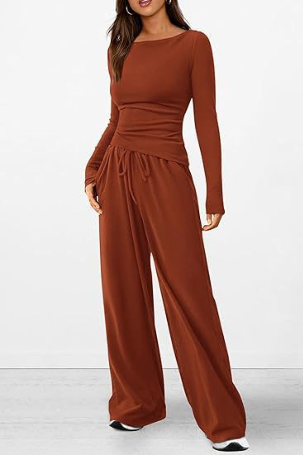 Round Neck Long Sleeve Top and Pants Set - Luxe4Everyday two-piece set