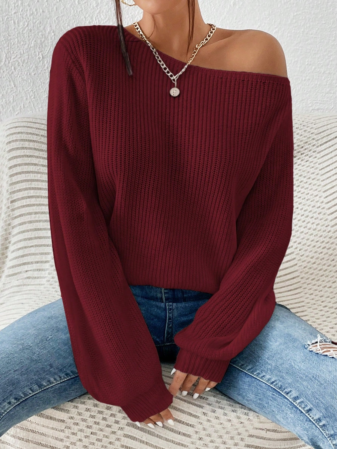 Honey Single Shoulder Long Sleeve Sweater - Luxe4Everyday Sweater