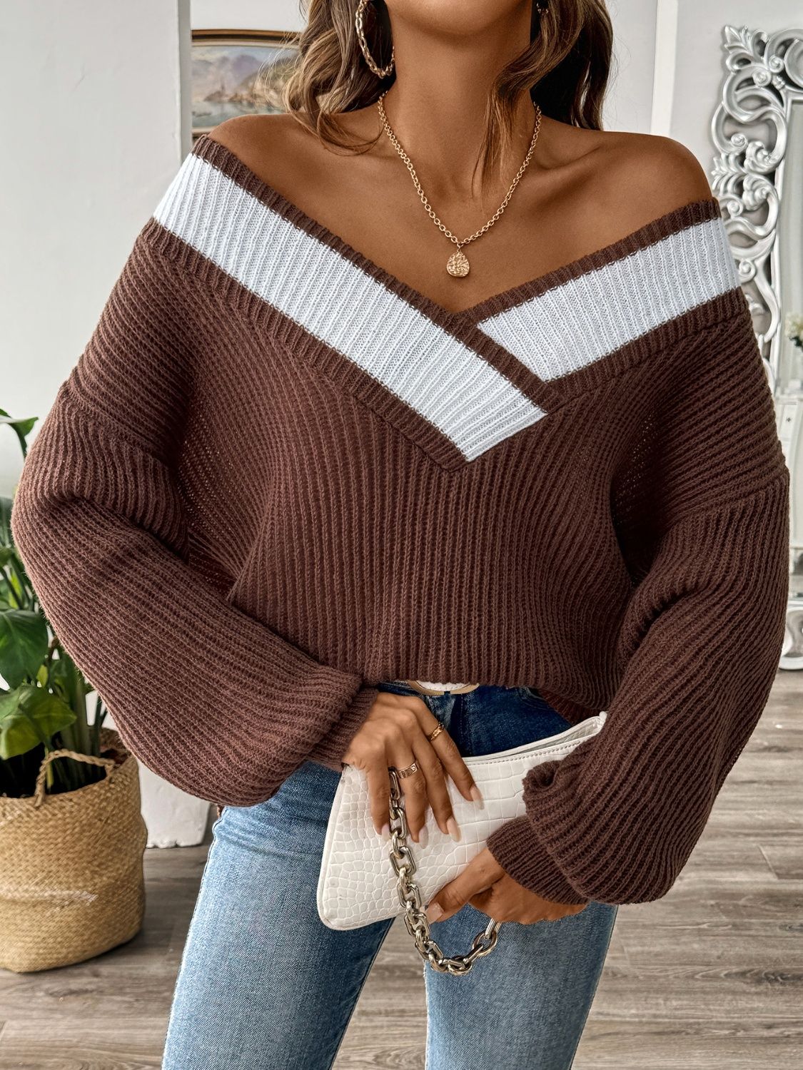 Contrast Dropped Shoulder Long Sleeve Sweater - Luxe4Everyday Chocolate / S Sweater