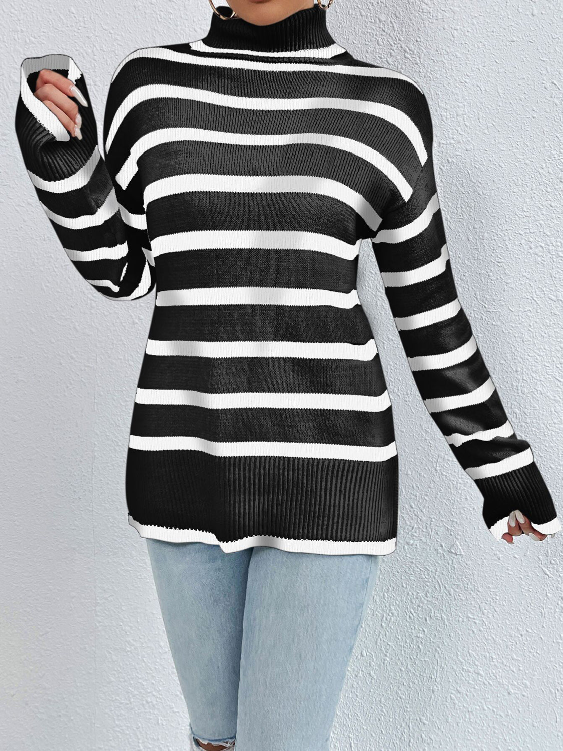 Striped Turtleneck Long Sleeve Sweater - Luxe4Everyday Black / S Sweater