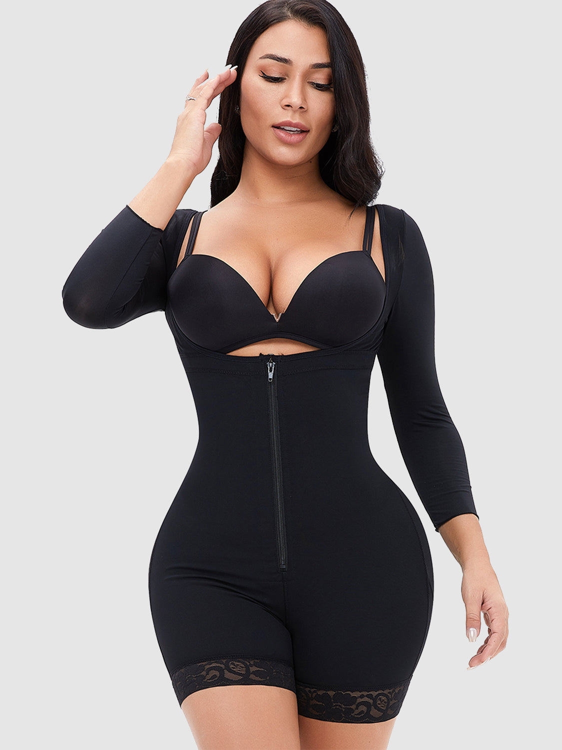 Full Size Zip Up Lace Detail Long Sleeve Shapewear - Luxe4Everyday Black / S Shapewear