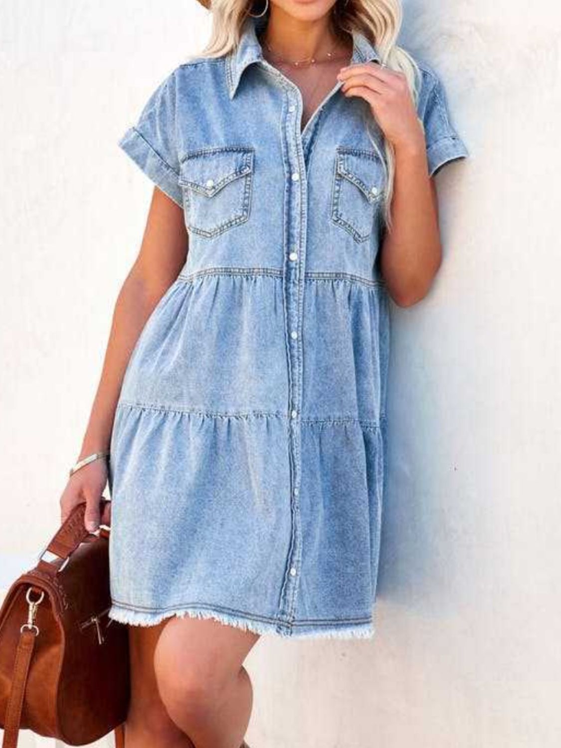 Raw Hem Short Sleeve Denim Dress - Luxe4Everyday Dress