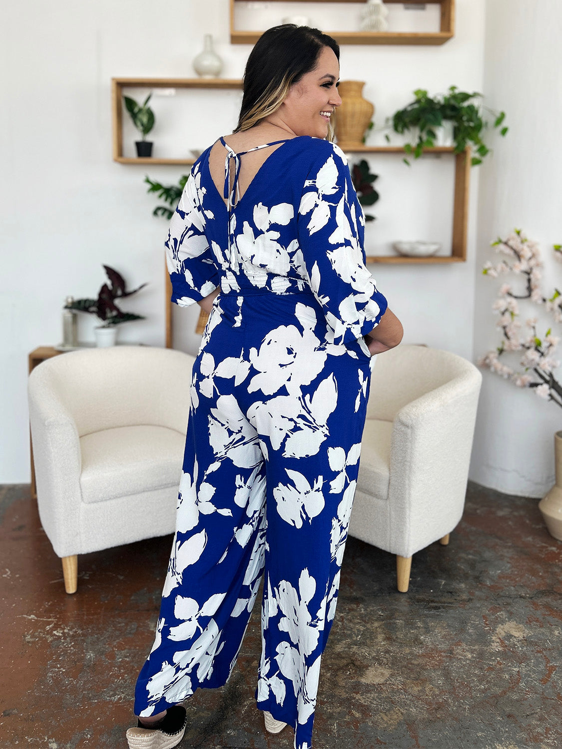 Double Take Full Size Printed Tie Back Wide Leg Jumpsuit - Luxe4Everyday Jumpsuit